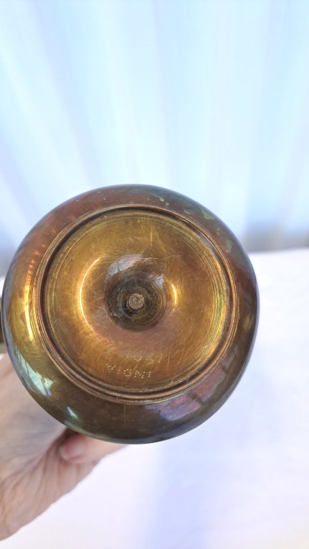 Pair Of Brass Candlestick Holders With Engraved Floral Round Bases - 7