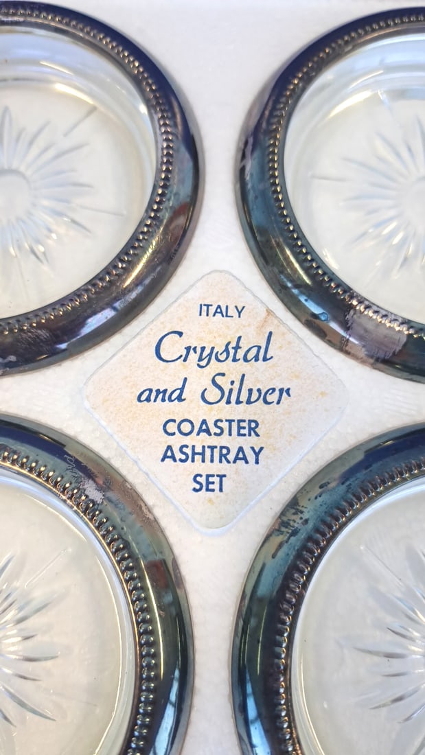 Leonard Italy Crystal And Silver Plate Coaster Ashtray Set Of 4 In Box - 2