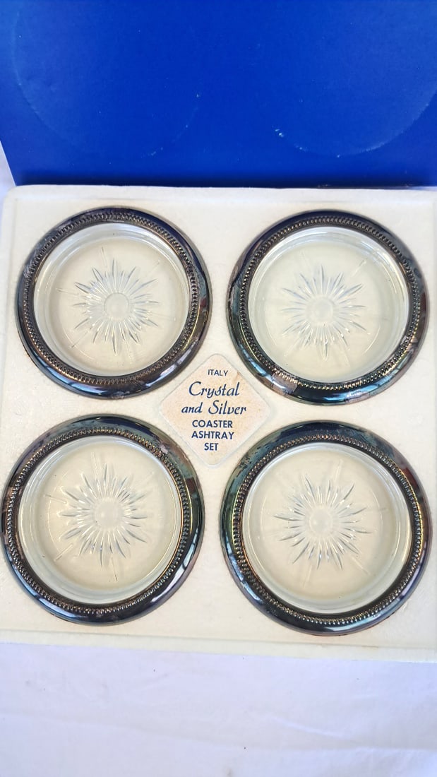 Leonard Italy Crystal And Silver Plate Coaster Ashtray Set Of 4 In Box - 3