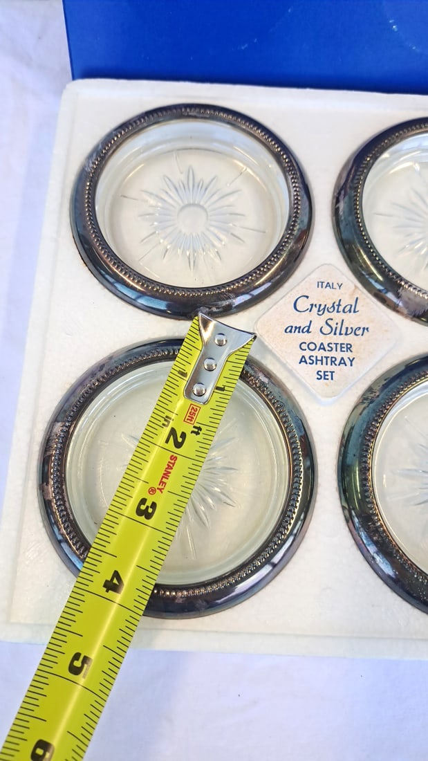 Leonard Italy Crystal And Silver Plate Coaster Ashtray Set Of 4 In Box - 4