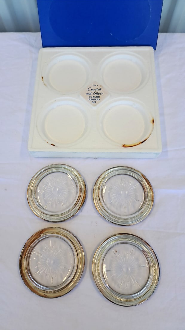 Leonard Italy Crystal And Silver Plate Coaster Ashtray Set Of 4 In Box - 8