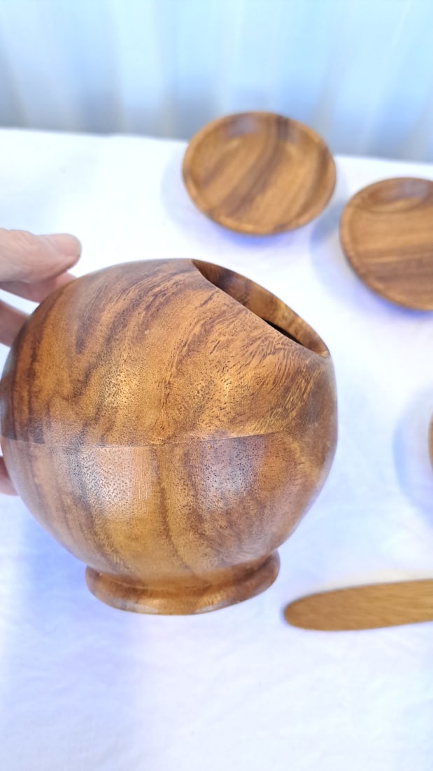 Carved Wooden Spherical Serving Bowl Set With 4 Small Dishes And Spoon - 4
