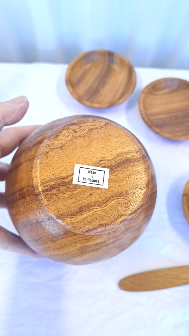 Carved Wooden Spherical Serving Bowl Set With 4 Small Dishes And Spoon - 6