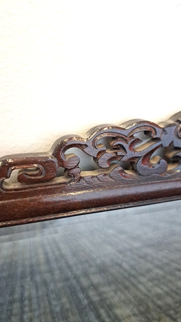 Asian Carved Dark Wood Beveled Mirror With Floral Scroll Frame - 2