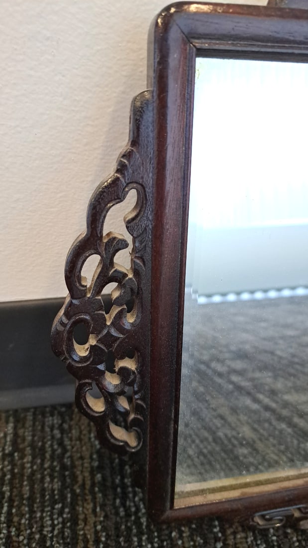 Asian Carved Dark Wood Beveled Mirror With Floral Scroll Frame - 3
