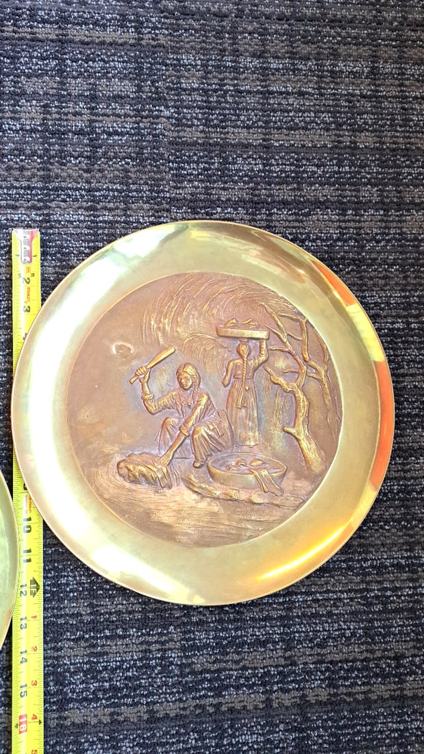 Pair Of 12 In Brass Copper Asian Relief Wall Plates, Temple Gate And Village Scenes - 2