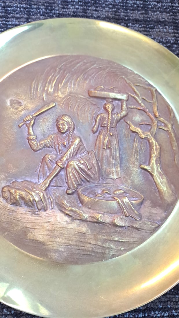 Pair Of 12 In Brass Copper Asian Relief Wall Plates, Temple Gate And Village Scenes - 3