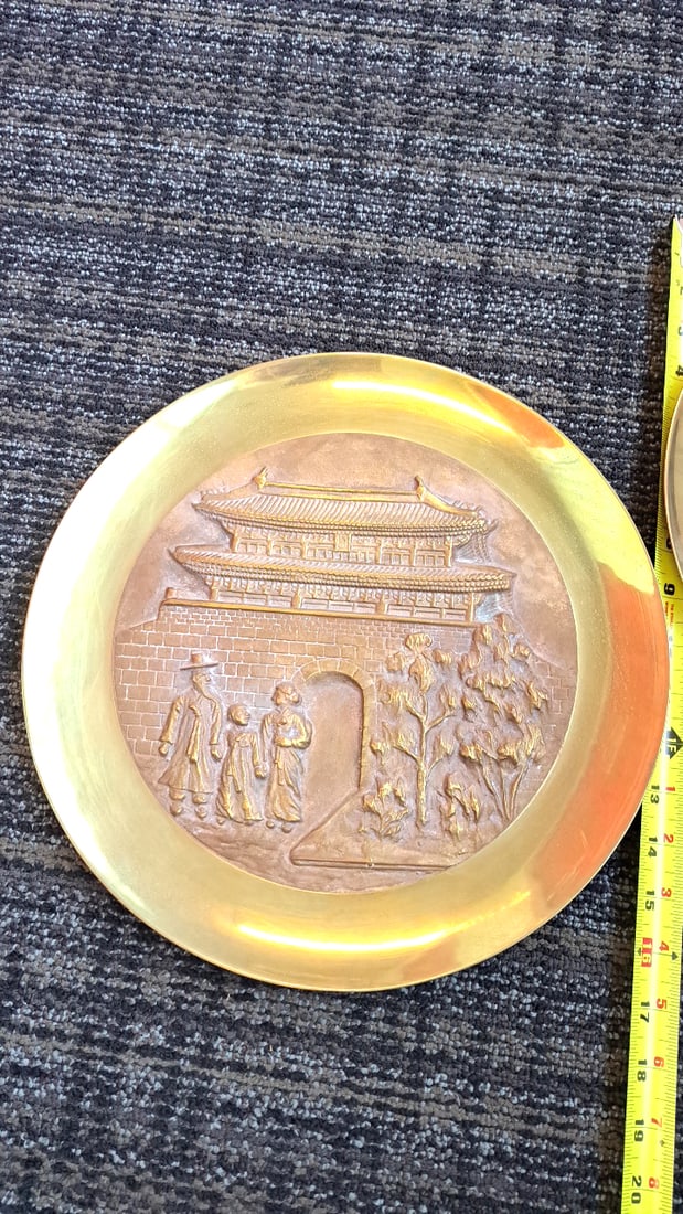 Pair Of 12 In Brass Copper Asian Relief Wall Plates, Temple Gate And Village Scenes - 4