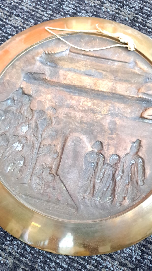 Pair Of 12 In Brass Copper Asian Relief Wall Plates, Temple Gate And Village Scenes - 7