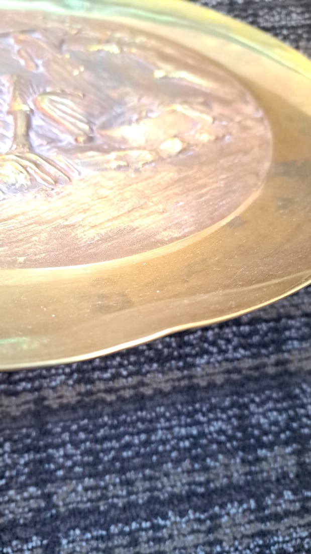 Pair Of 12 In Brass Copper Asian Relief Wall Plates, Temple Gate And Village Scenes - 8