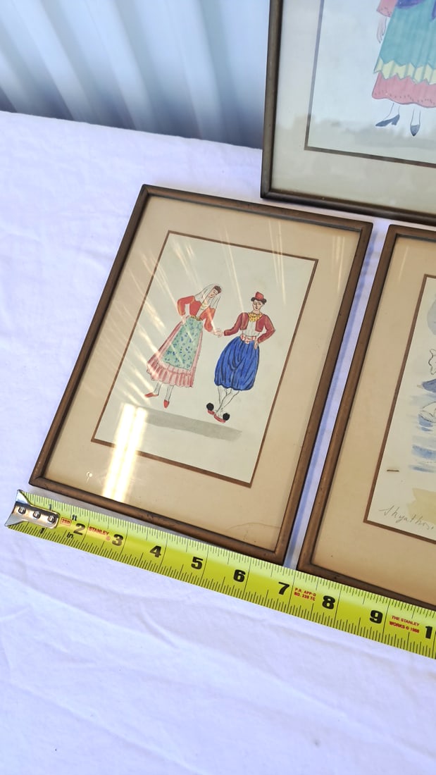 3 Framed Greek Folk Costume Watercolor Illustrations - 3