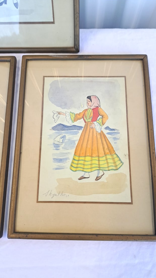 3 Framed Greek Folk Costume Watercolor Illustrations - 7
