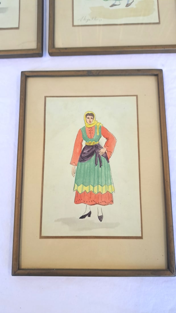 3 Framed Greek Folk Costume Watercolor Illustrations - 9