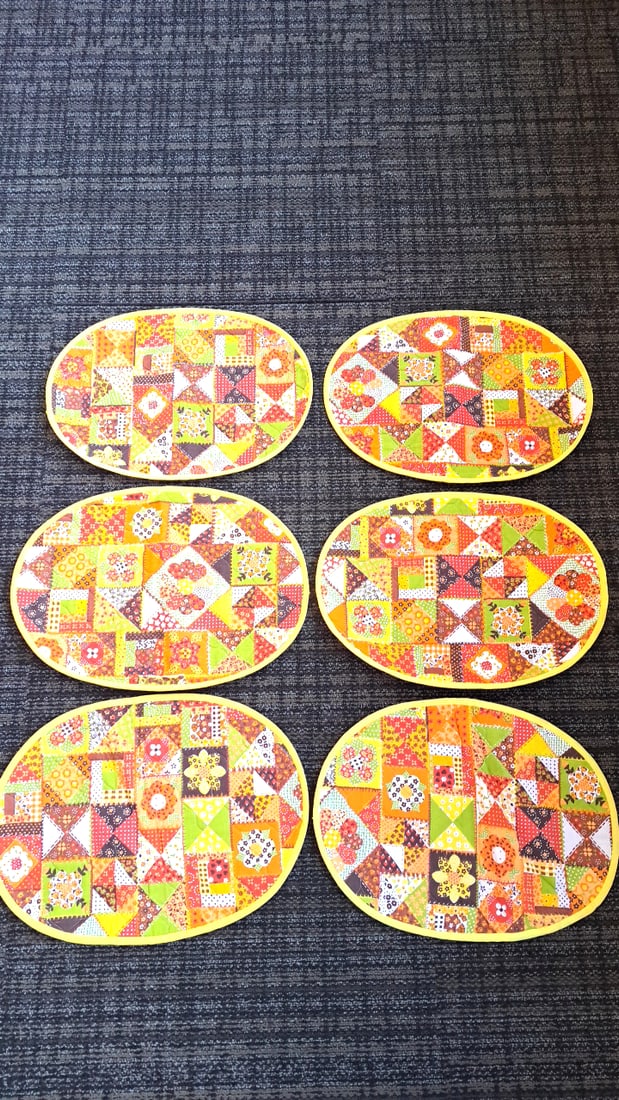6 Oval Faux Quilted Patchwork Placemats Yellow Reversible - 6