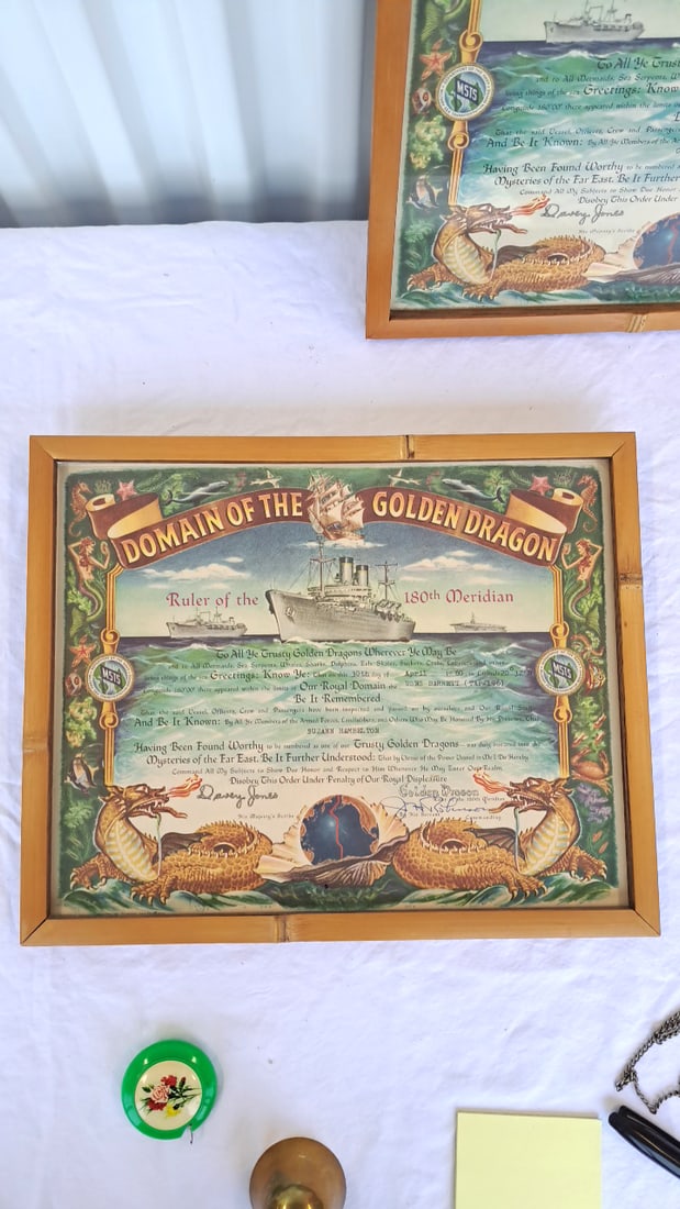 Pair Framed Domain Of The Golden Dragon 180th Meridian Certificates, Usns Barrett T-ap-196 - 2