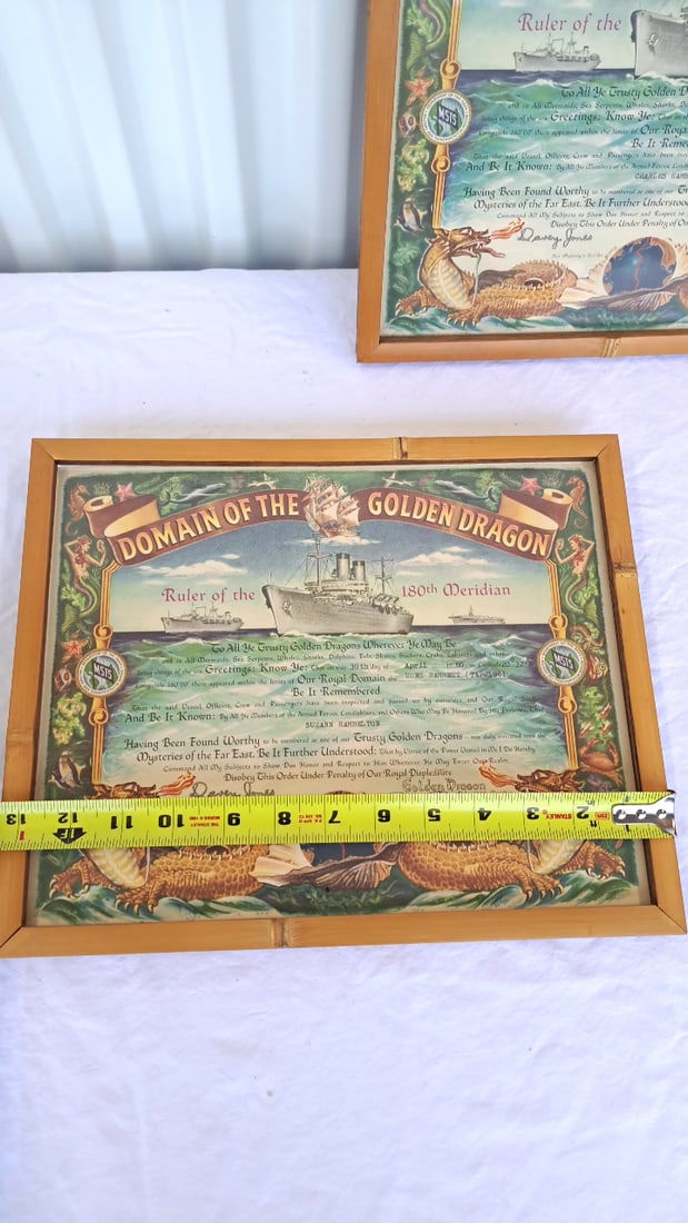 Pair Framed Domain Of The Golden Dragon 180th Meridian Certificates, Usns Barrett T-ap-196 - 3