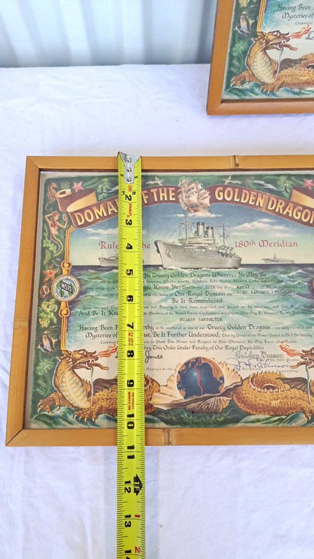 Pair Framed Domain Of The Golden Dragon 180th Meridian Certificates, Usns Barrett T-ap-196 - 4