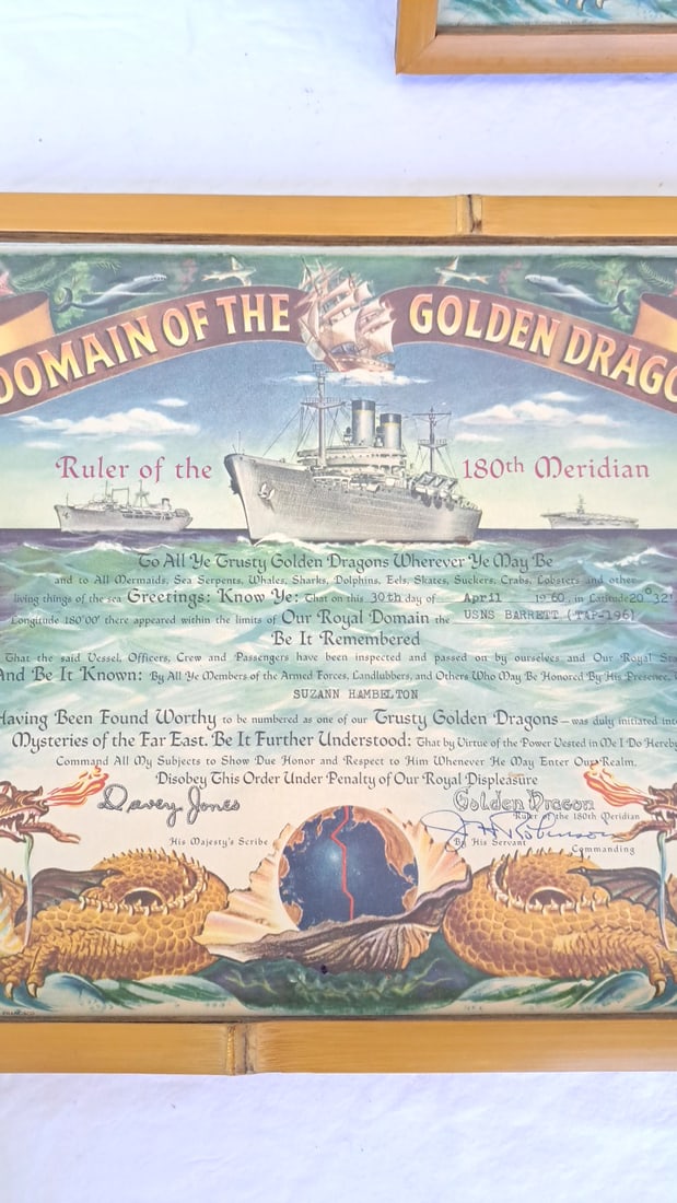 Pair Framed Domain Of The Golden Dragon 180th Meridian Certificates, Usns Barrett T-ap-196 - 5