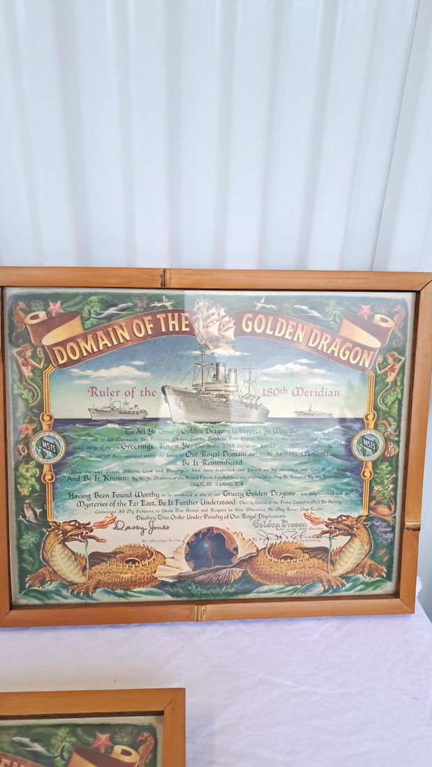 Pair Framed Domain Of The Golden Dragon 180th Meridian Certificates, Usns Barrett T-ap-196 - 6