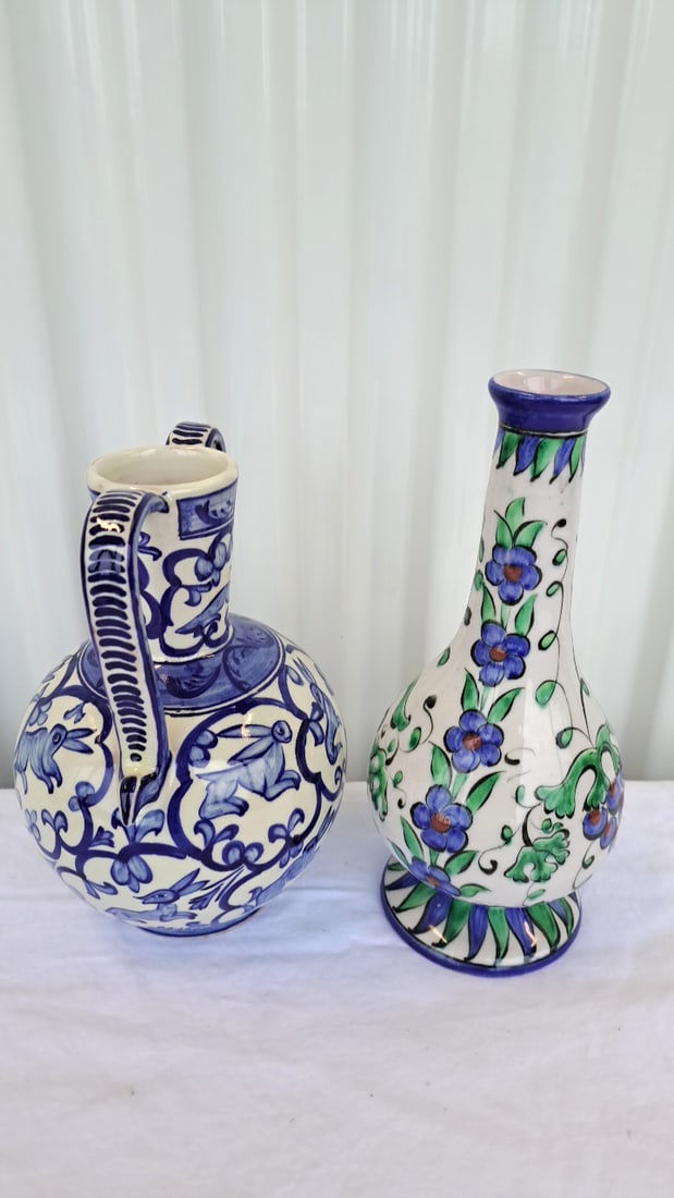 Pair Of Hand-painted Ceramic Rhodes Pottery Vase And Jug - 2