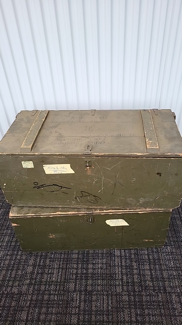 Two Olive Drab Military-style Storage Trunks With Hinged Lids: 36 x 24 x 17 65 lb Low Estimate: 30.00 High Estimate: 125.00