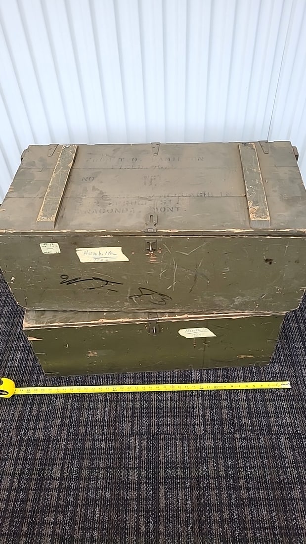 Two Olive Drab Military-style Storage Trunks With Hinged Lids - 2