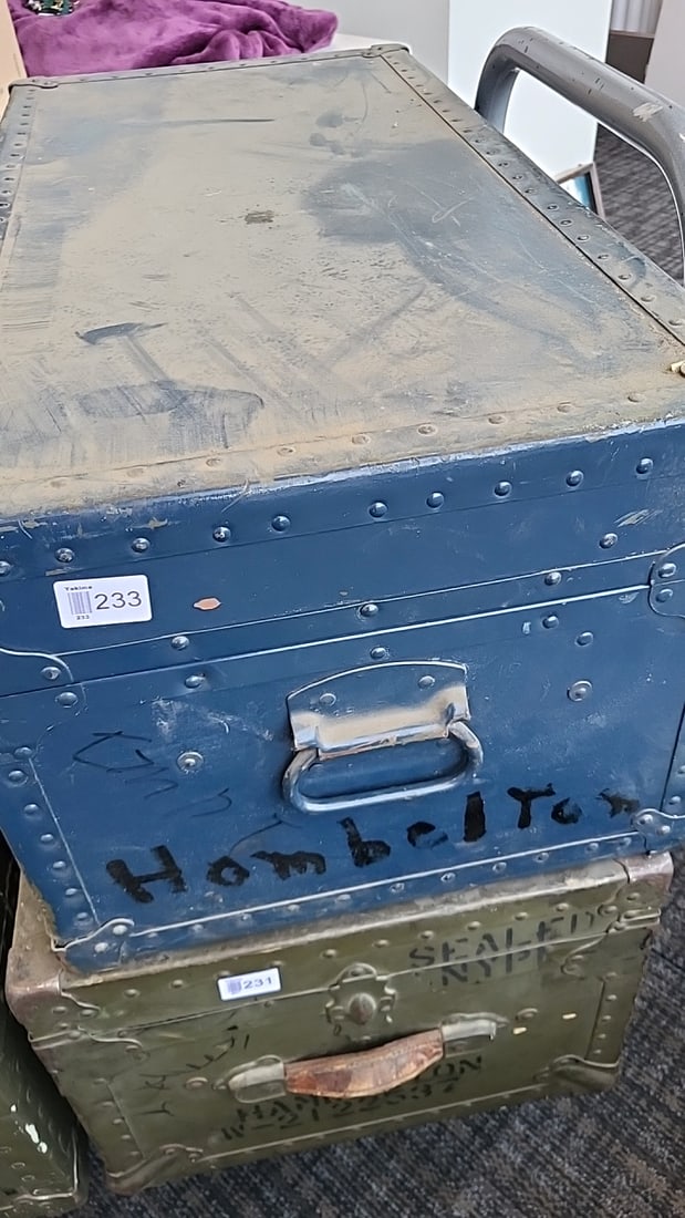 Doehler Riveted Metal Footlocker Storage Trunk With Latches And Interior Compartments - 6