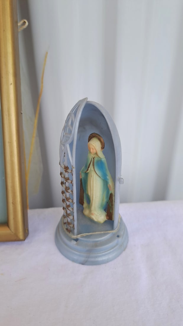 Virgin Mary Religious Decor Lot: Frosted Glass Statue, Framed Madonna & Child Art, Mini Shrine - 2