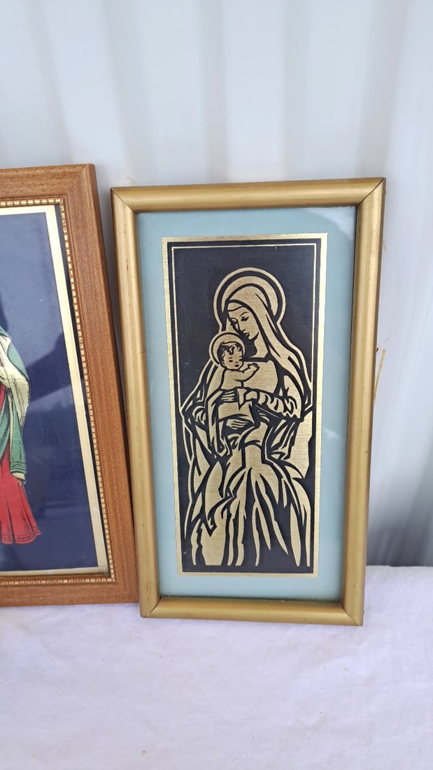 Virgin Mary Religious Decor Lot: Frosted Glass Statue, Framed Madonna & Child Art, Mini Shrine - 6