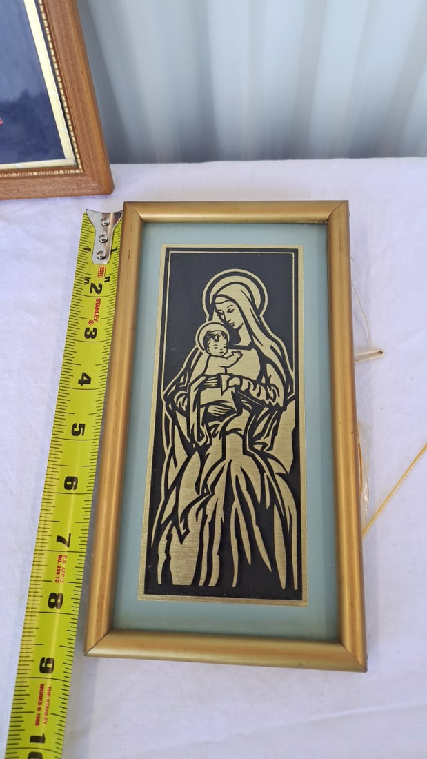 Virgin Mary Religious Decor Lot: Frosted Glass Statue, Framed Madonna & Child Art, Mini Shrine - 7