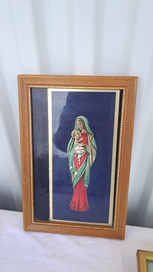 Virgin Mary Religious Decor Lot: Frosted Glass Statue, Framed Madonna & Child Art, Mini Shrine - 8