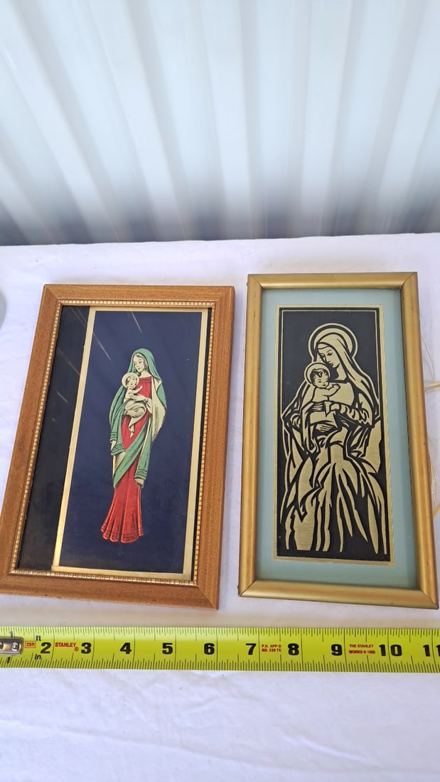 Virgin Mary Religious Decor Lot: Frosted Glass Statue, Framed Madonna & Child Art, Mini Shrine - 9