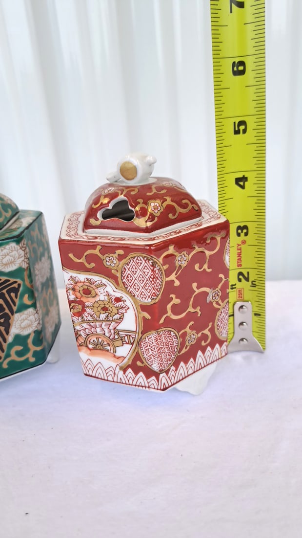 Gold Imari Hand Painted Porcelain Hexagonal Lidded Jars Red Green - 2