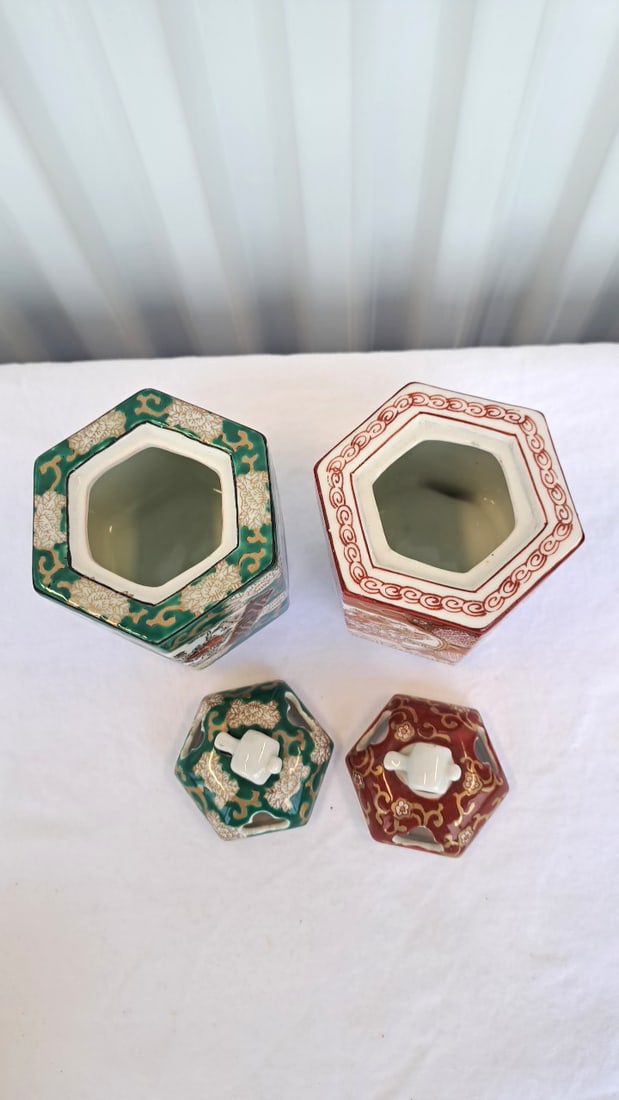 Gold Imari Hand Painted Porcelain Hexagonal Lidded Jars Red Green - 3
