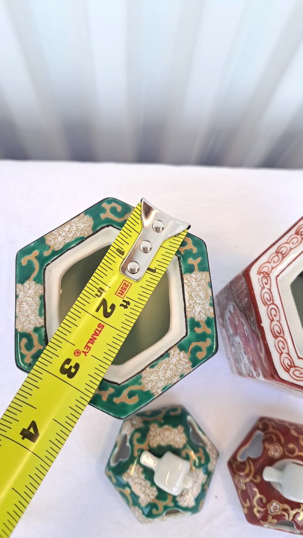 Gold Imari Hand Painted Porcelain Hexagonal Lidded Jars Red Green - 4