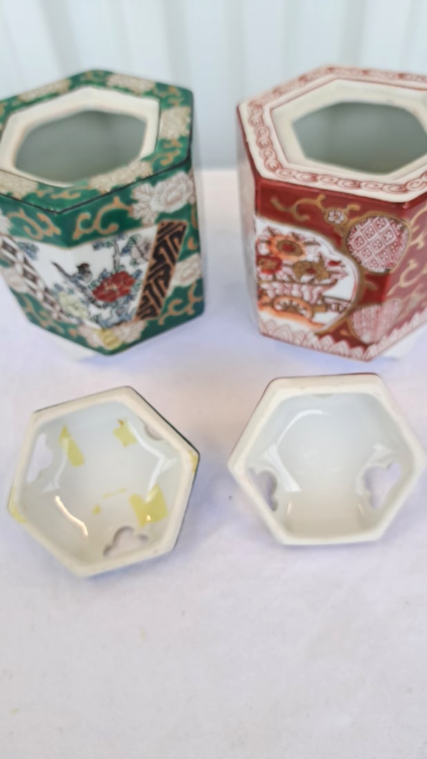 Gold Imari Hand Painted Porcelain Hexagonal Lidded Jars Red Green - 5
