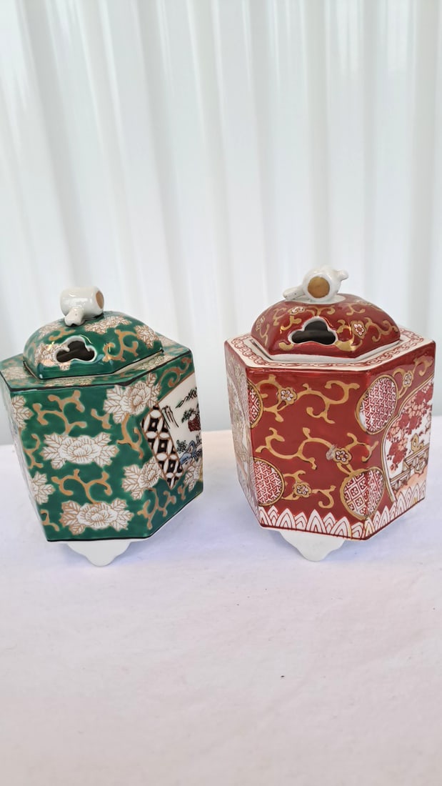 Gold Imari Hand Painted Porcelain Hexagonal Lidded Jars Red Green - 7