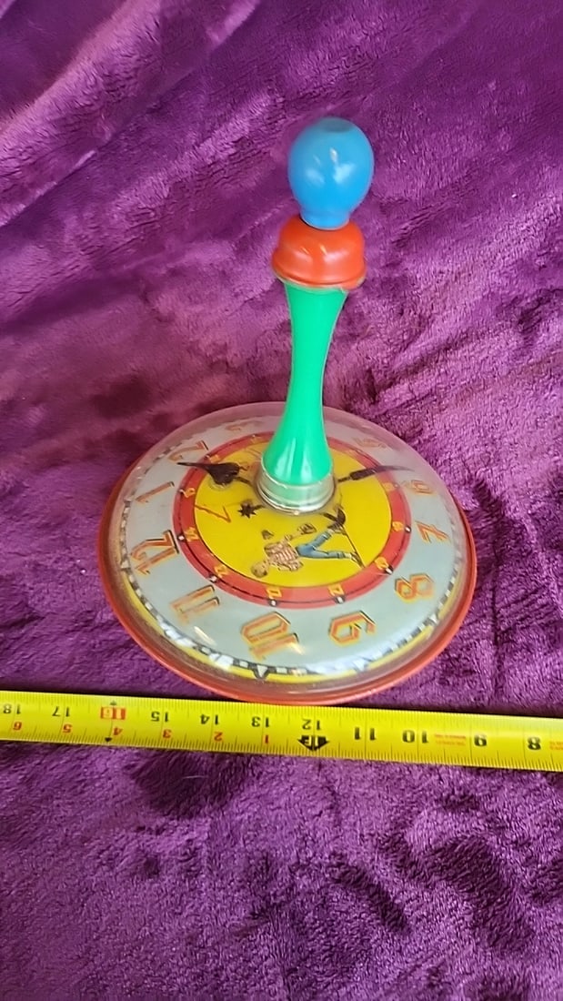 Tin Litho Clock Face Spinning Top Toy With Green Handle And Red Base - 5