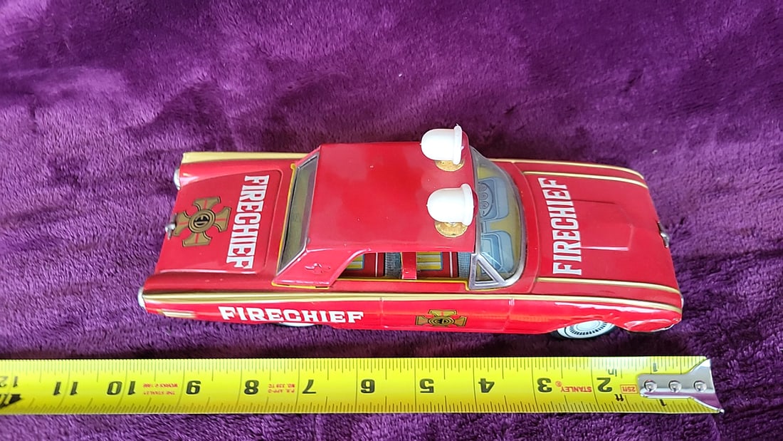 Red Tin Litho Firechief Fire Chief Toy Car With Roof Sirens, 12 In - 3
