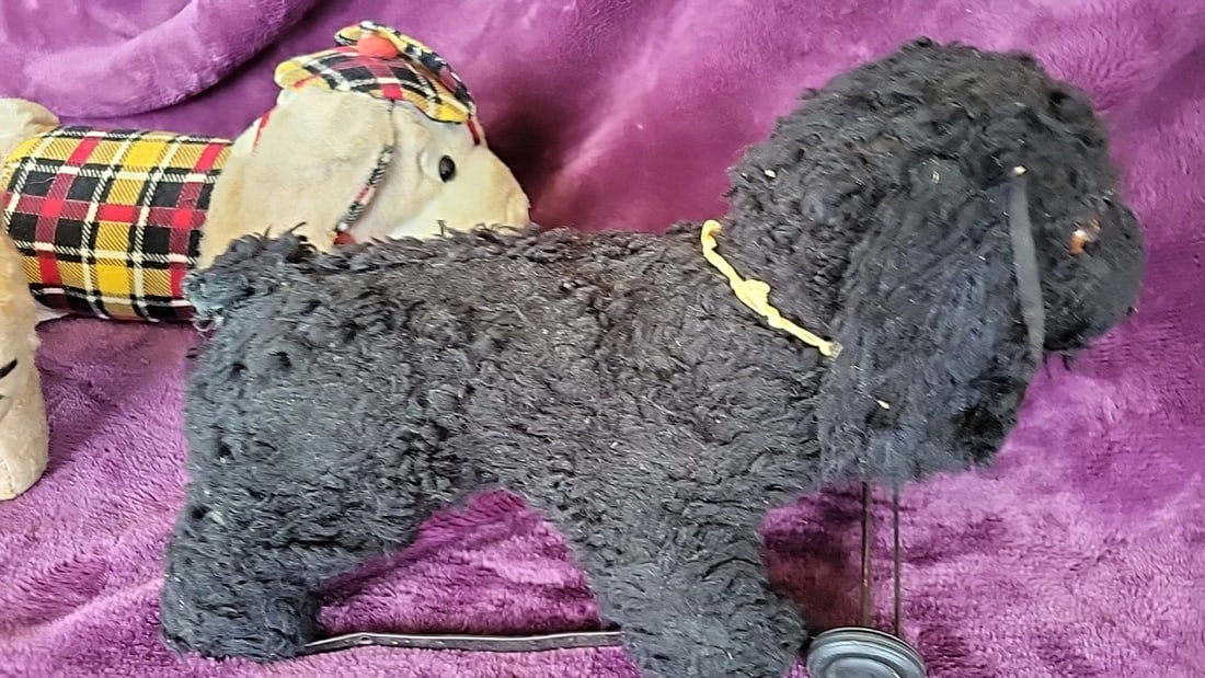 Lot Of 3 Plush Toy Dogs: Black Poodle On Wheels, Tan Dog, Plaid Outfit Dog - 2