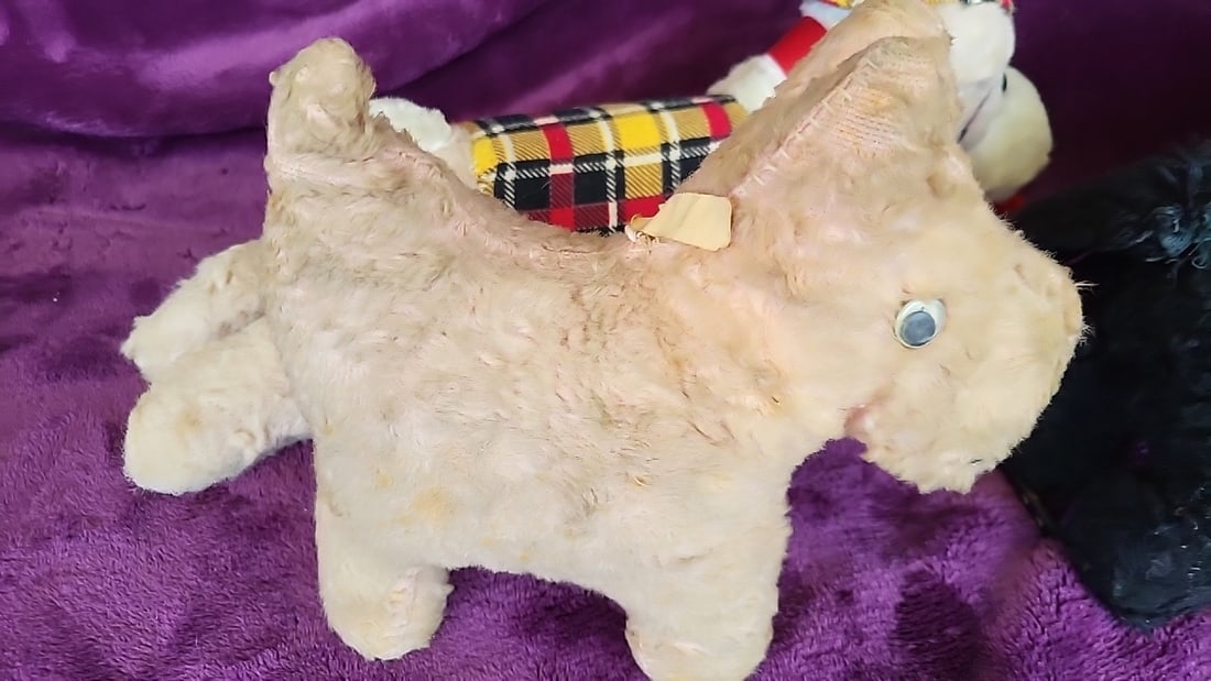 Lot Of 3 Plush Toy Dogs: Black Poodle On Wheels, Tan Dog, Plaid Outfit Dog - 3