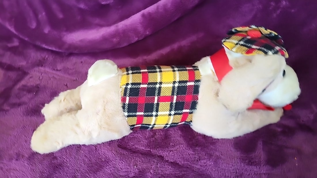 Lot Of 3 Plush Toy Dogs: Black Poodle On Wheels, Tan Dog, Plaid Outfit Dog - 4