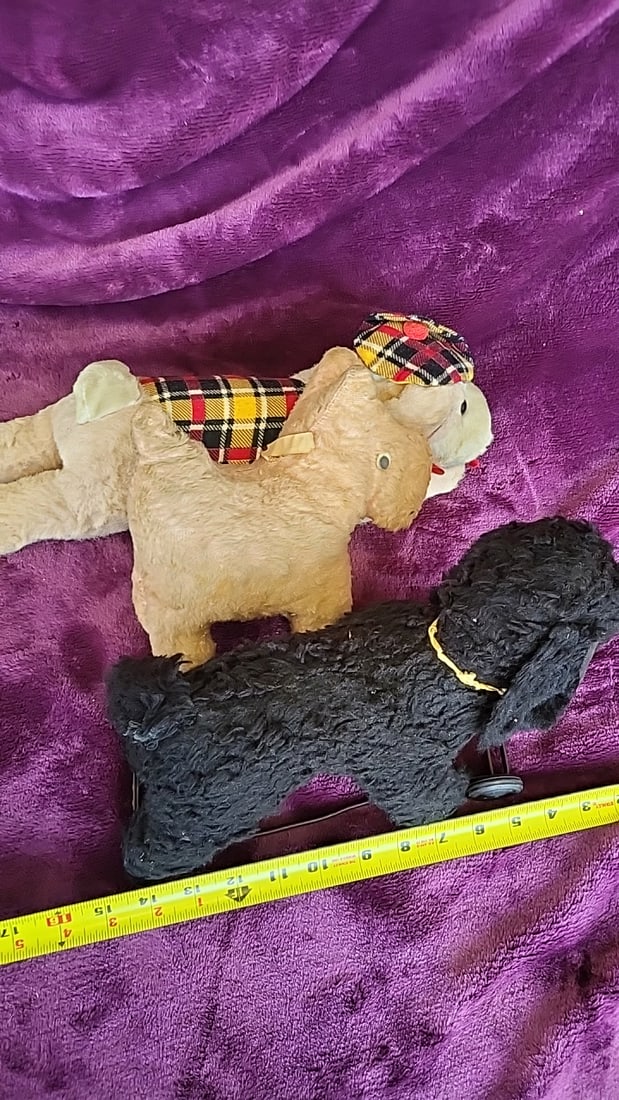 Lot Of 3 Plush Toy Dogs: Black Poodle On Wheels, Tan Dog, Plaid Outfit Dog - 5