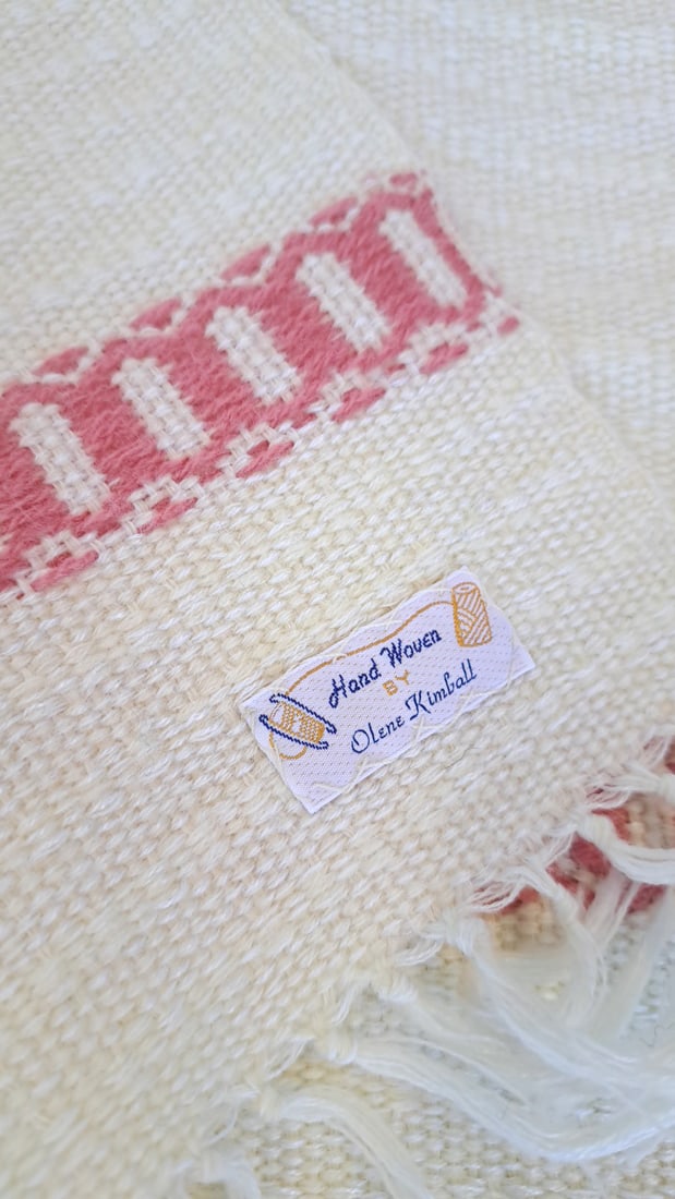 Olene Kimballl Hand Woven Ivory Pink Border Fringed Throw 36 X 60 In - 2