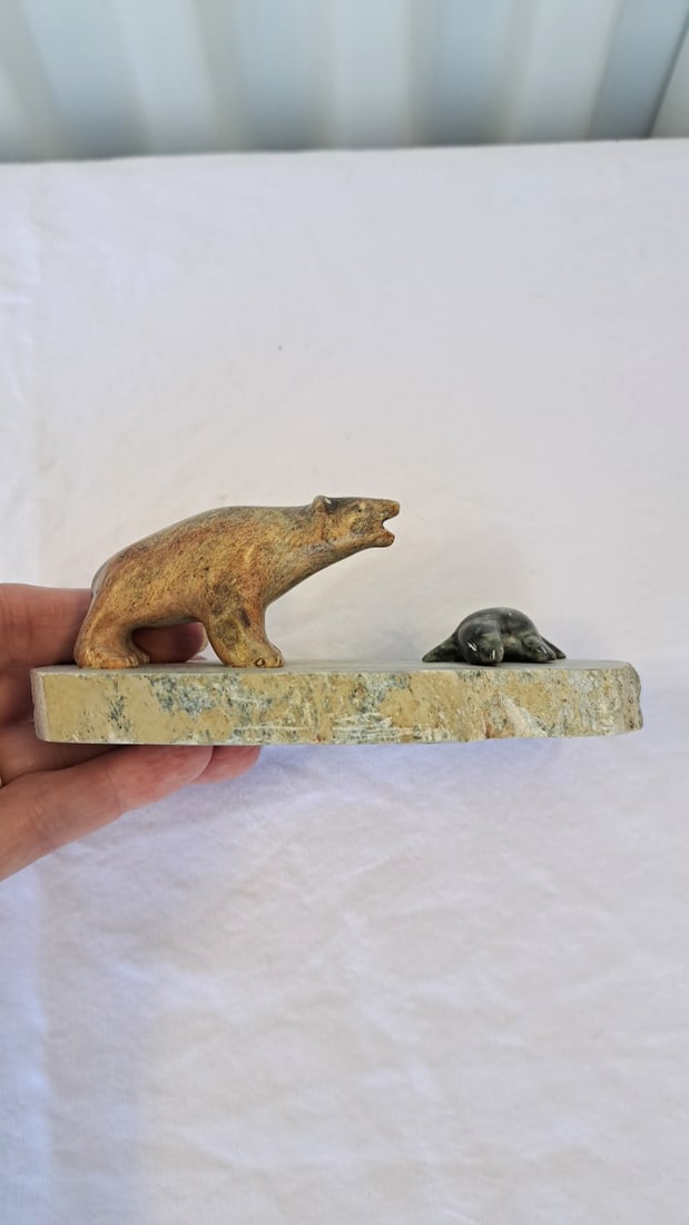 John Alurac Alaska Carved Stone Polar Bear And Seal Sculpture - 2