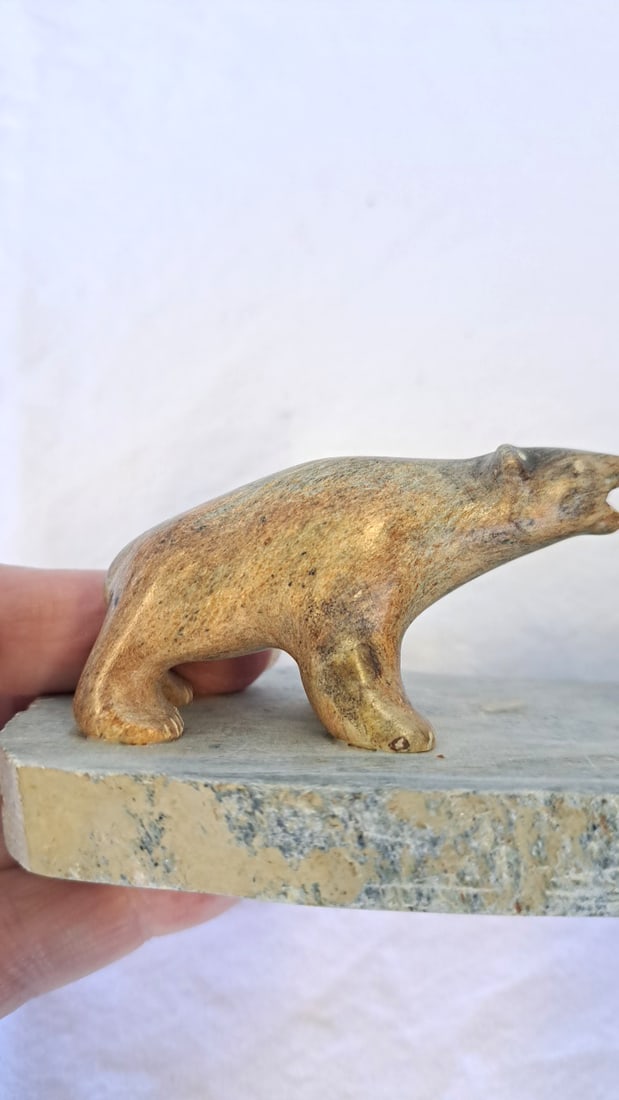 John Alurac Alaska Carved Stone Polar Bear And Seal Sculpture - 3