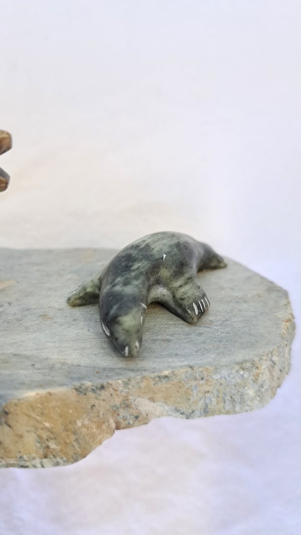 John Alurac Alaska Carved Stone Polar Bear And Seal Sculpture - 4