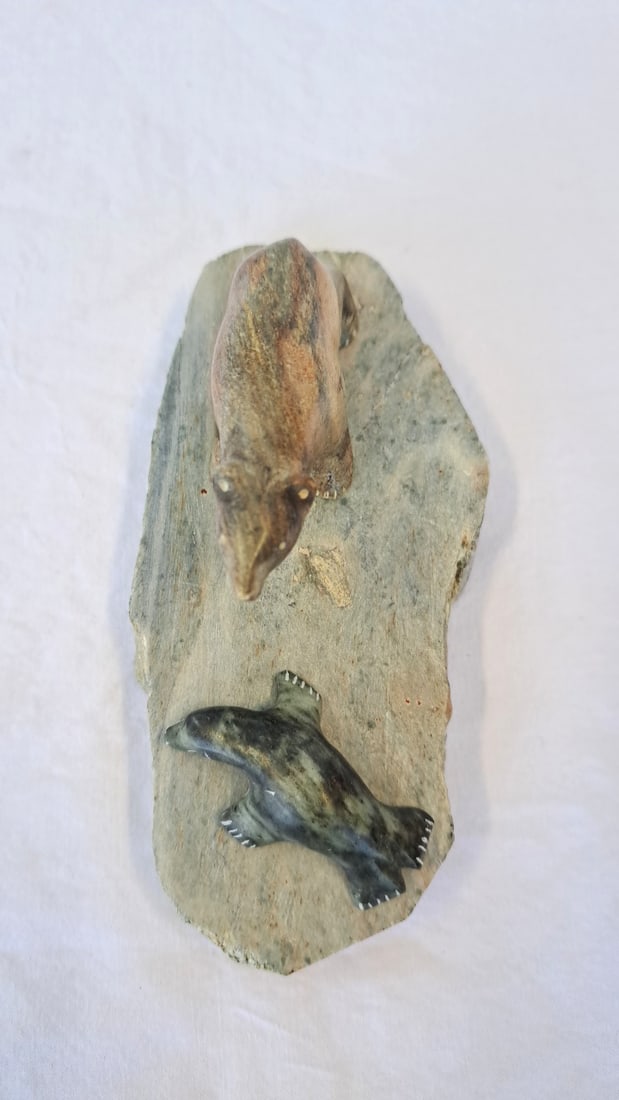 John Alurac Alaska Carved Stone Polar Bear And Seal Sculpture - 5