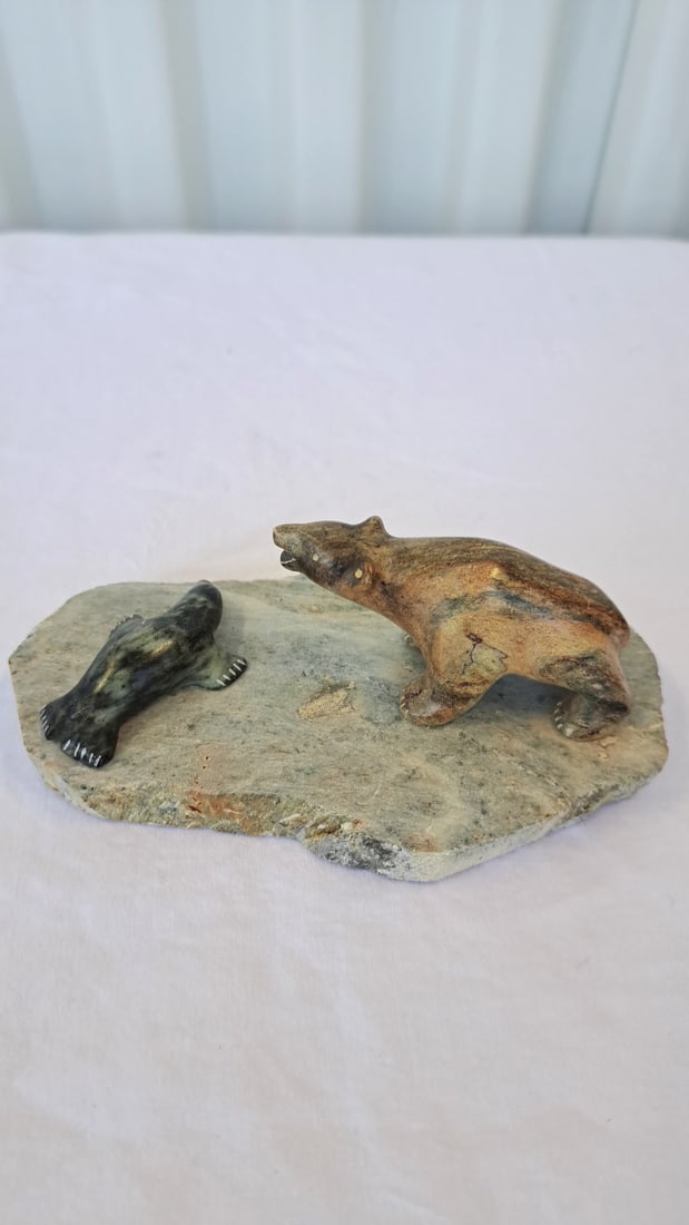 John Alurac Alaska Carved Stone Polar Bear And Seal Sculpture - 6