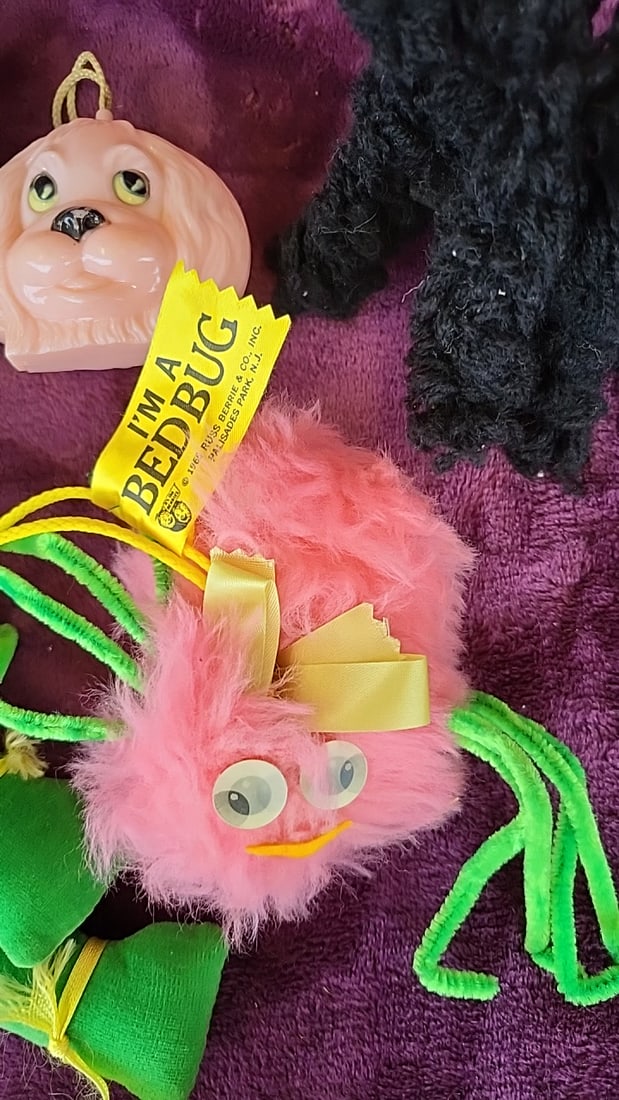 Russ Berrie I'm A Bedbug Pink Plush Bug, Green Cloth Doll & Dog Ornament Lot - 2